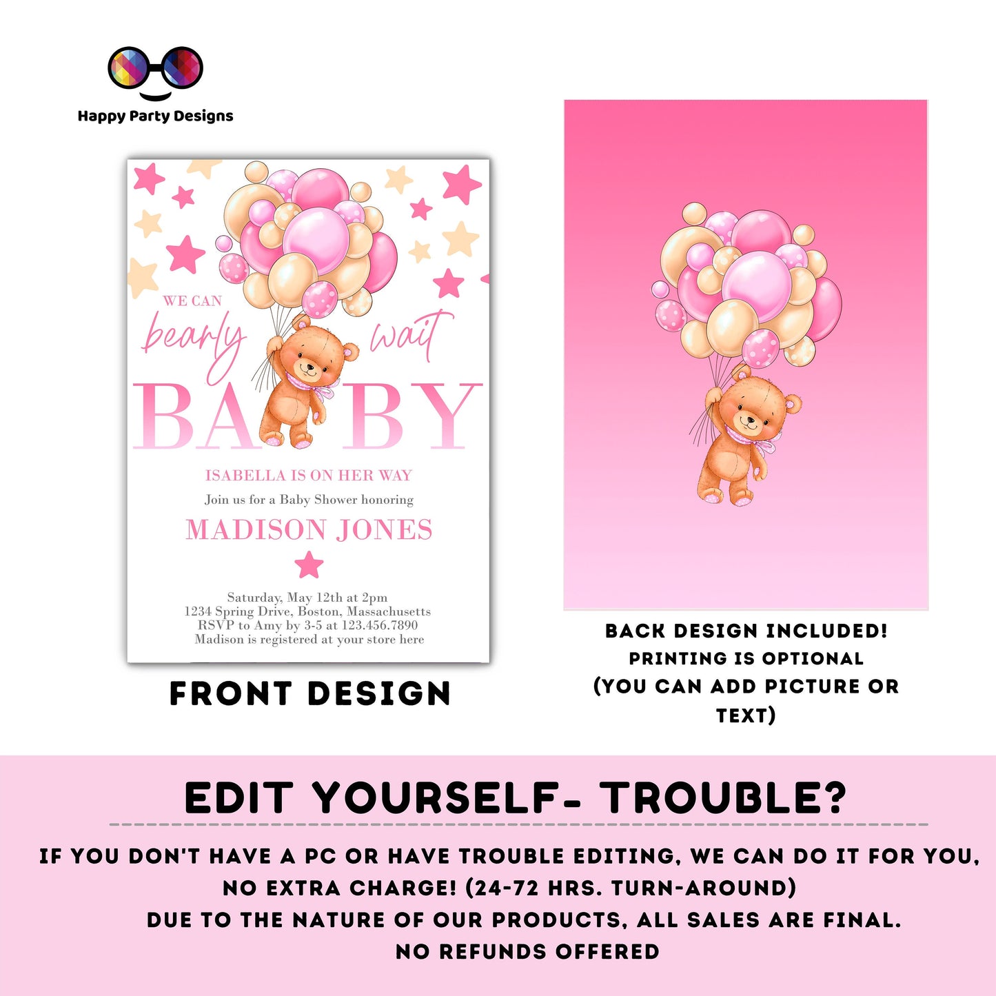 EDITABLE pink Teddy bear baby shower invitation template | teddy bear with balloons Invitation | Baby Shower | girl baby shower #B21