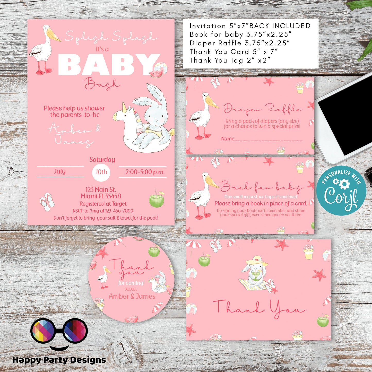 EDITABLE Pool Baby Bash invitation bundle | diaper raffle, books for baby, thank you tag, thank you card| Baby girl | Summer baby shower #B2