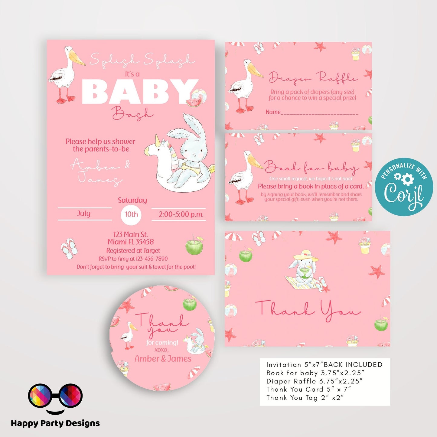 EDITABLE Pool Baby Bash invitation bundle | diaper raffle, books for baby, thank you tag, thank you card| Baby girl | Summer baby shower #B2