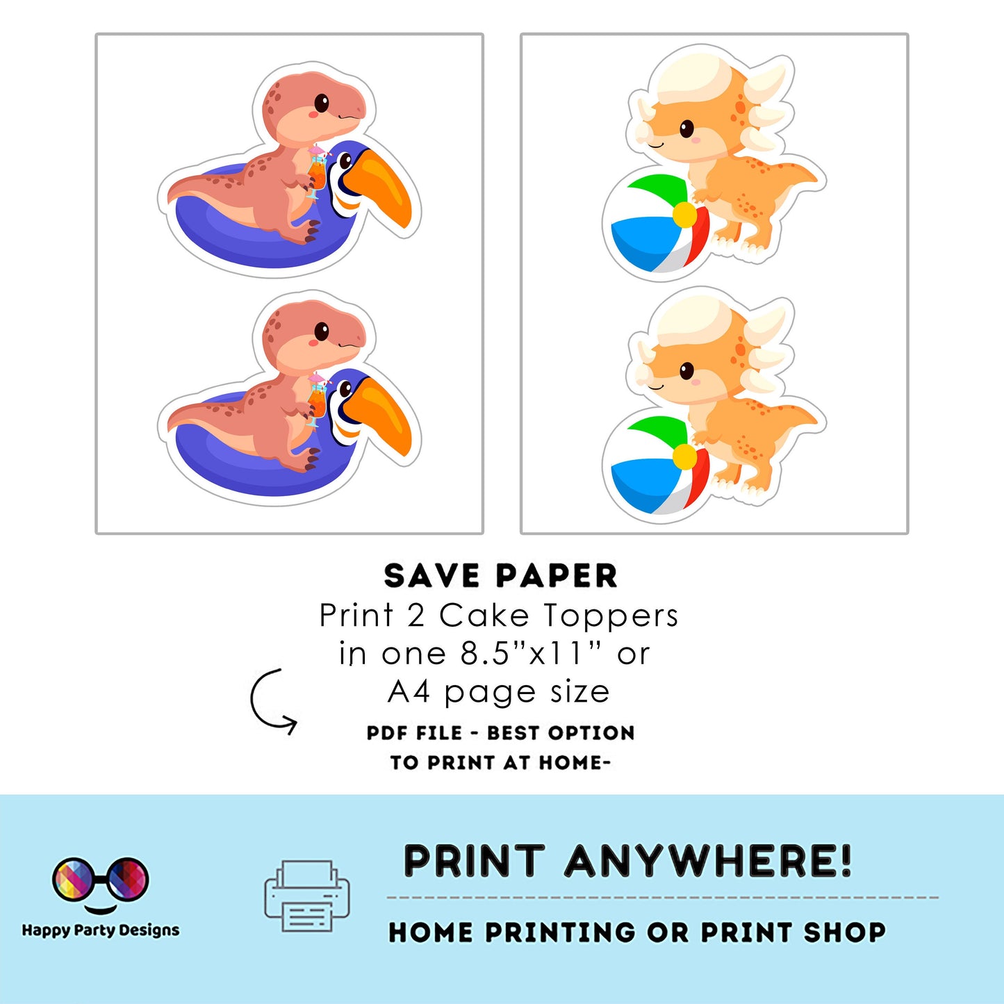 PRINTABLE Dinosaur Pool Party Cake Toppers | Dinosaur Pool Party Birthday Party Cake Toppers | Dino Party Cake Toppers Centerpieces #K83