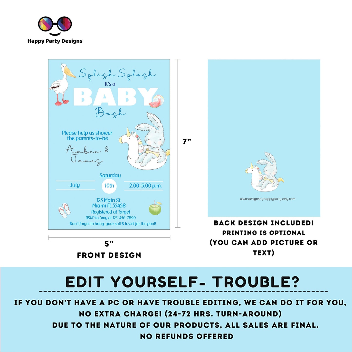 EDITABLE Pool Baby Bash invitation bundle | diaper raffle, books for baby, thank you tag, thank you card| Baby girl | Summer baby shower #B1