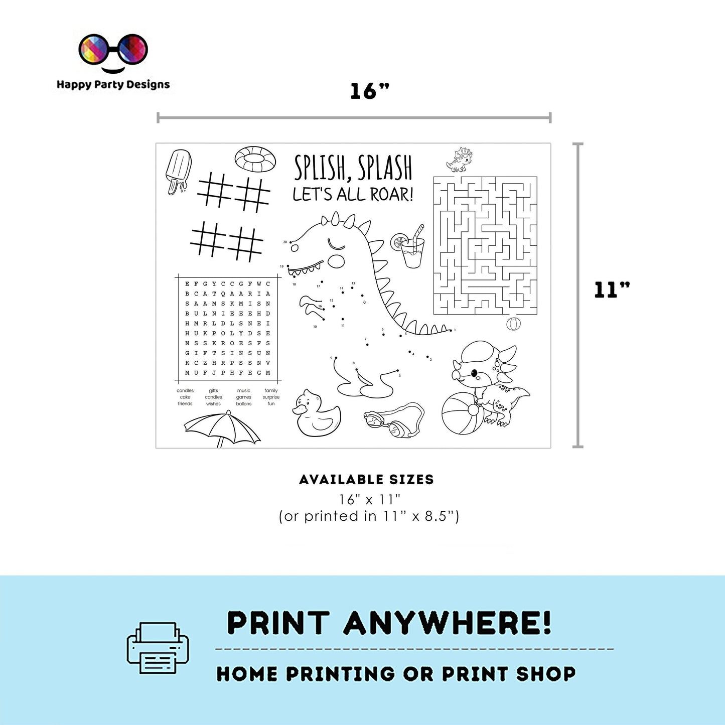 INSTANT DOWNLOAD Dinosaur Pool party coloring page | Dinosaur Pool party Activity games | Dinosaur Activity Page Dinosaur Placemat #K83
