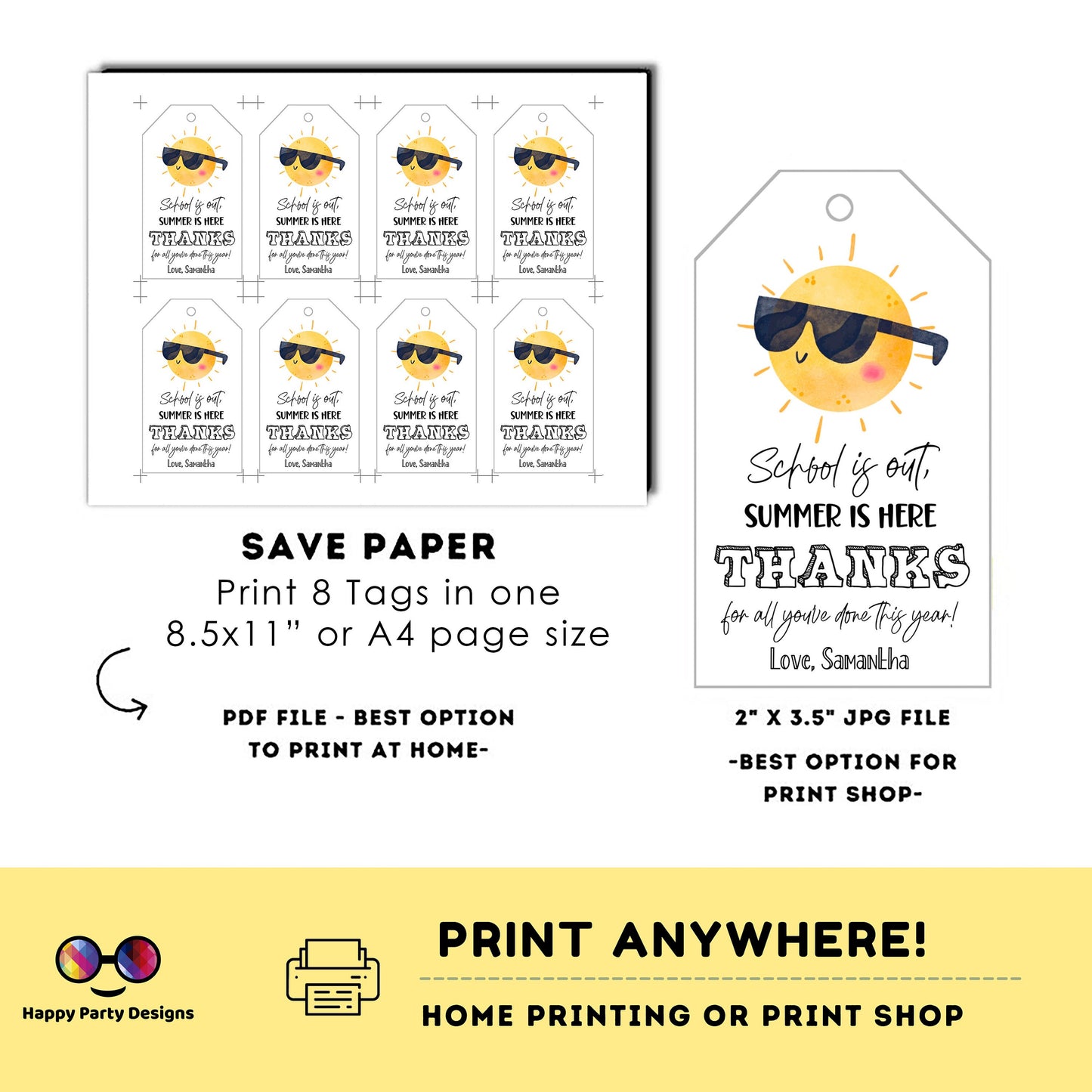 Teacher Appreciation Gift Tag Template | Editable Sunshine Thank You Tag | Printable Schools Out | End of Year Favor | summer Tag #SCH1