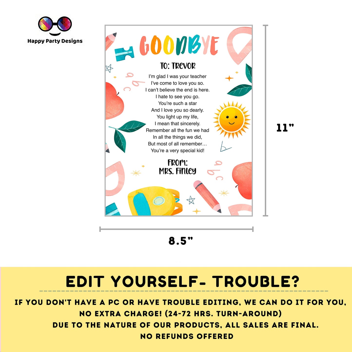 Gift from Teacher | end of school letter | goodbye poem to students | end of year printable | rainbow instant download #SCH1