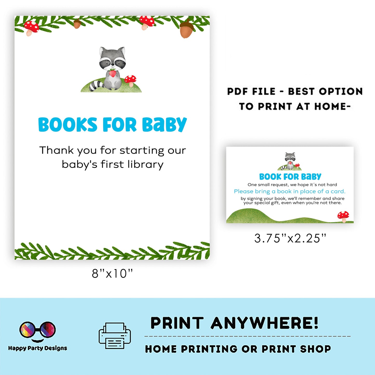 Woodland Books for baby Sign | Instant download | book request | baby Boy | baby shower Sign | forest baby shower | racoon #B16