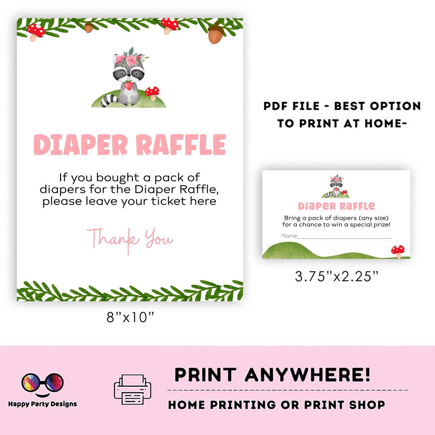 Woodland diaper raffle Sign | Instant download | diaper request | baby girl | baby shower Sign | racoon baby shower #B17