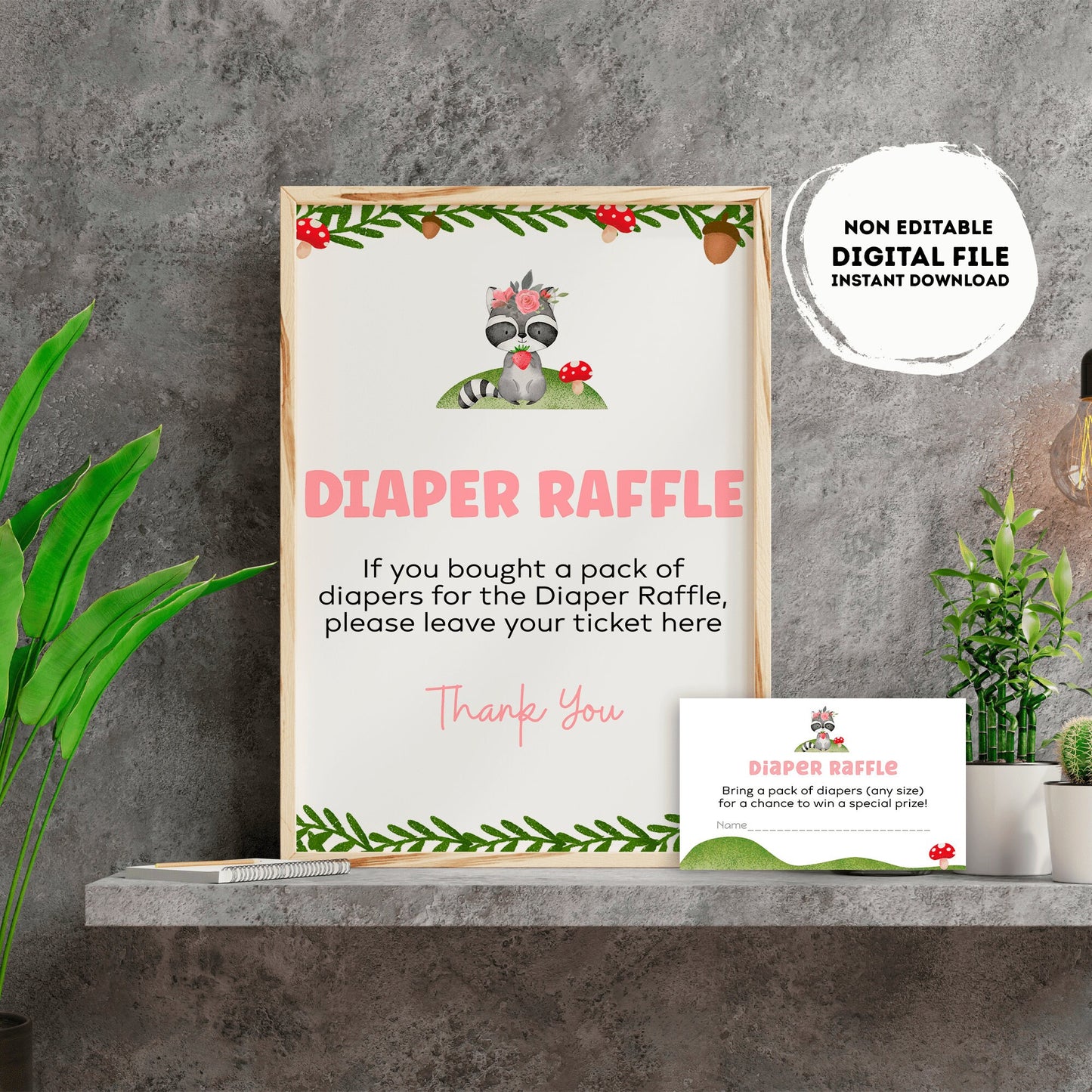 Woodland diaper raffle Sign | Instant download | diaper request | baby girl | baby shower Sign | racoon baby shower #B17