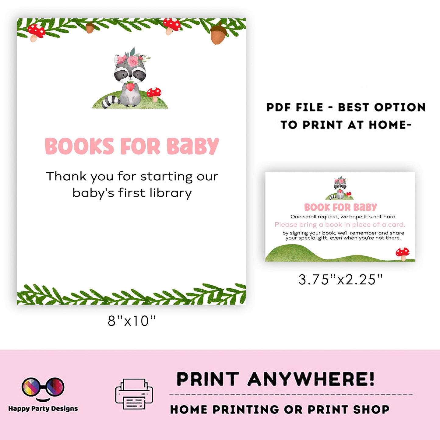 Woodland Books for baby Sign | Instant download | book request | baby girl | baby shower Sign | forest baby shower | racoon #B17