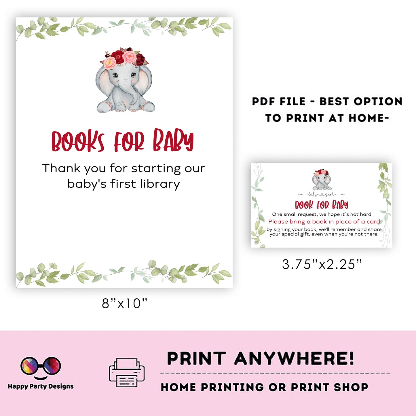 Elephant Books for baby Sign | Instant download | book request | baby girl | baby shower Sign | forest baby shower | burgundy #B14