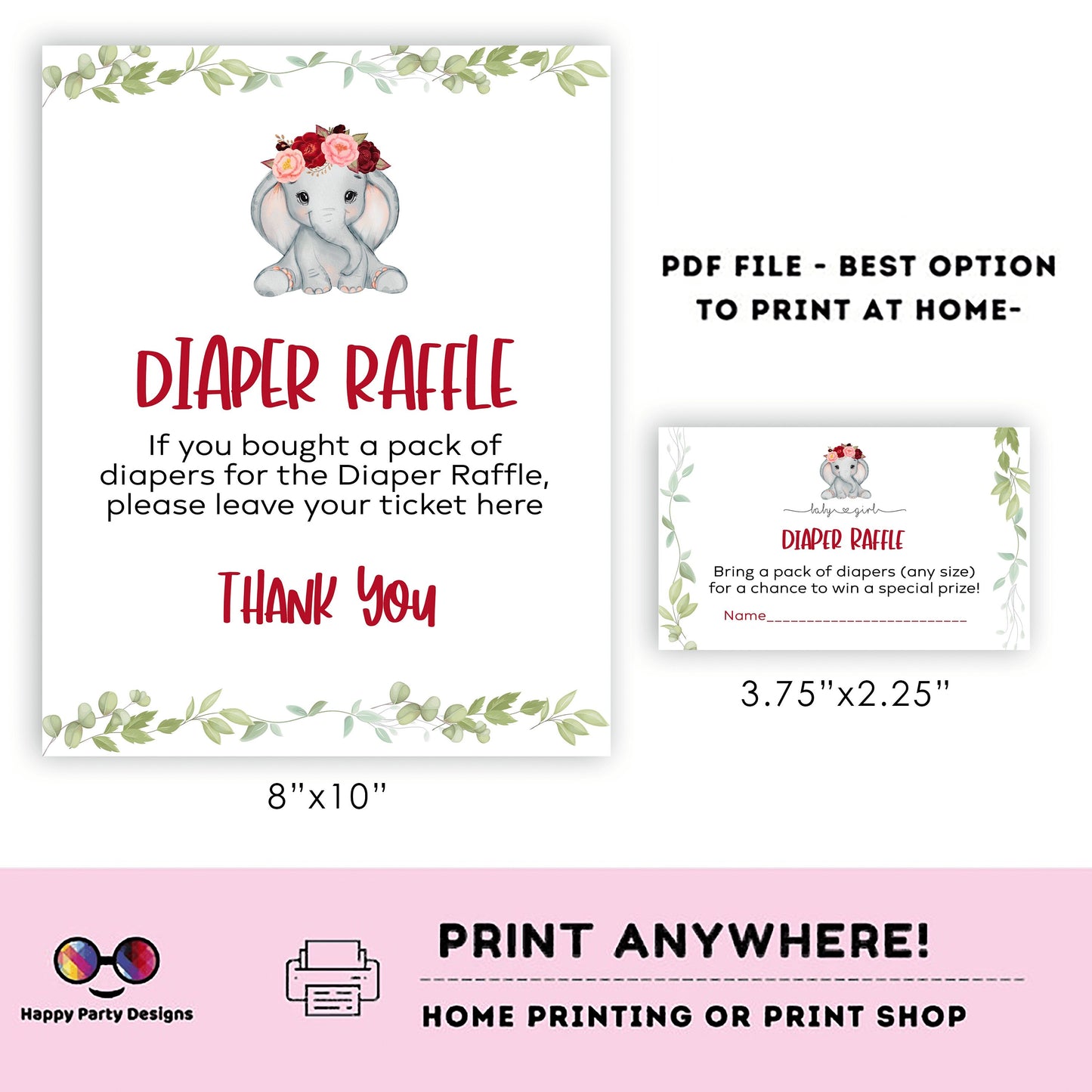 Elephant baby shower diaper raffle Sign | Instant download | diaper request | baby girl | baby shower Sign | elephant baby shower #B14