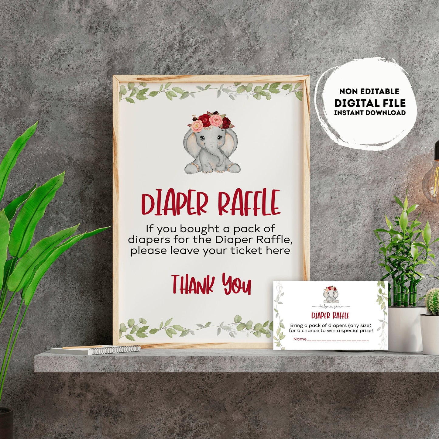 Elephant baby shower diaper raffle Sign | Instant download | diaper request | baby girl | baby shower Sign | elephant baby shower #B14