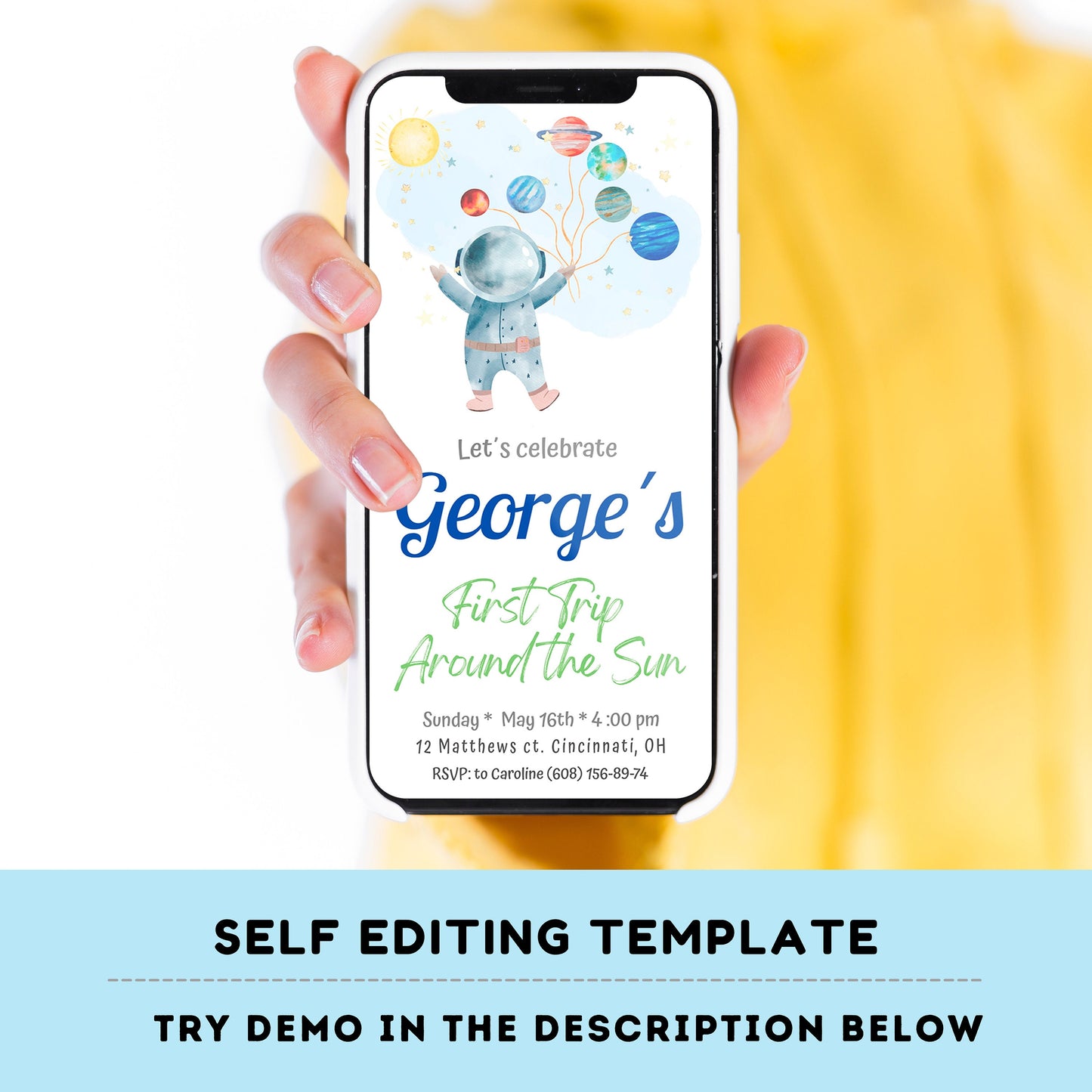 Editable Outer Space First Birthday Evite | First Trip Around the Sun Space Boy | Editable Invitation for iPhone, Smartphone Template #K5