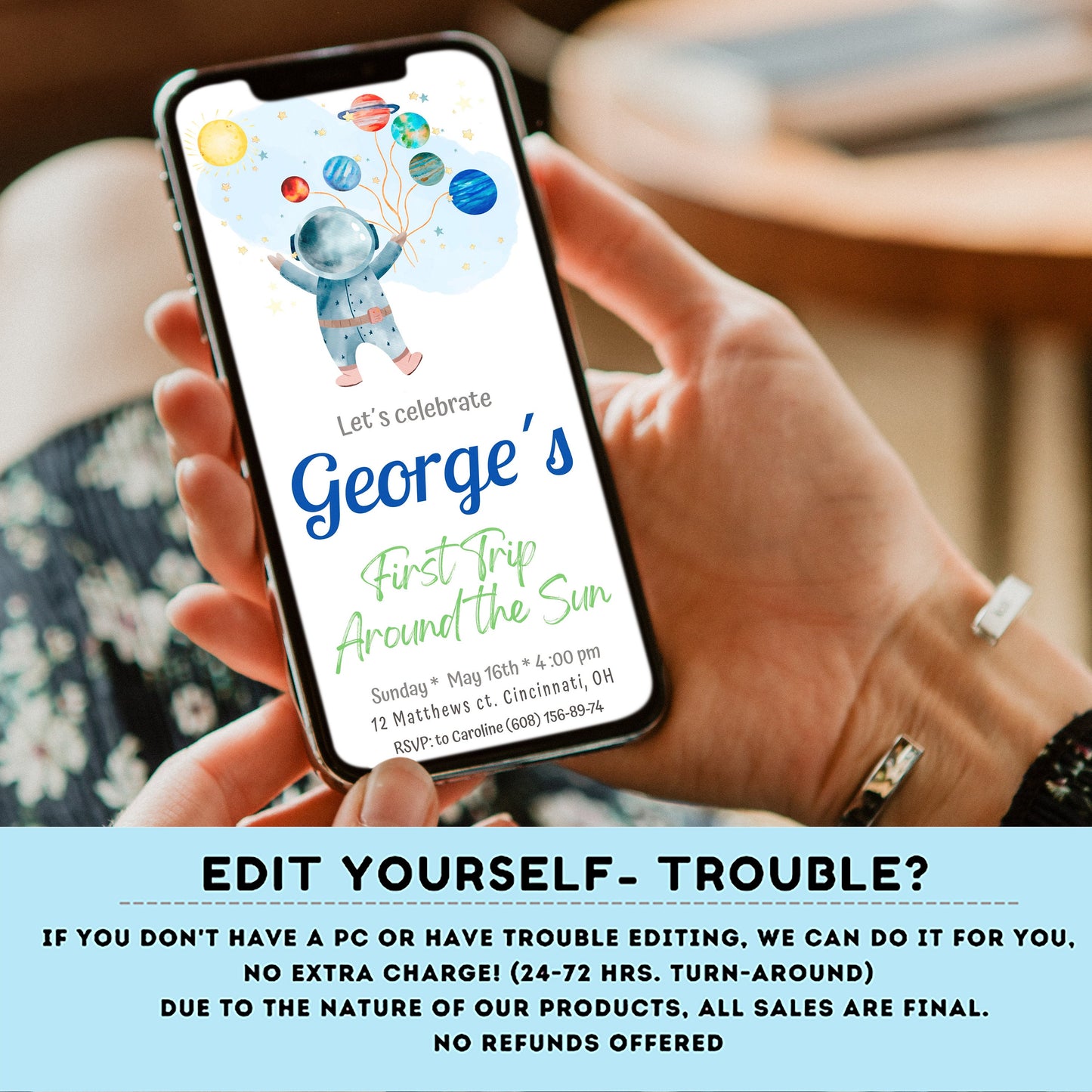 Editable Outer Space First Birthday Evite | First Trip Around the Sun Space Boy | Editable Invitation for iPhone, Smartphone Template #K5