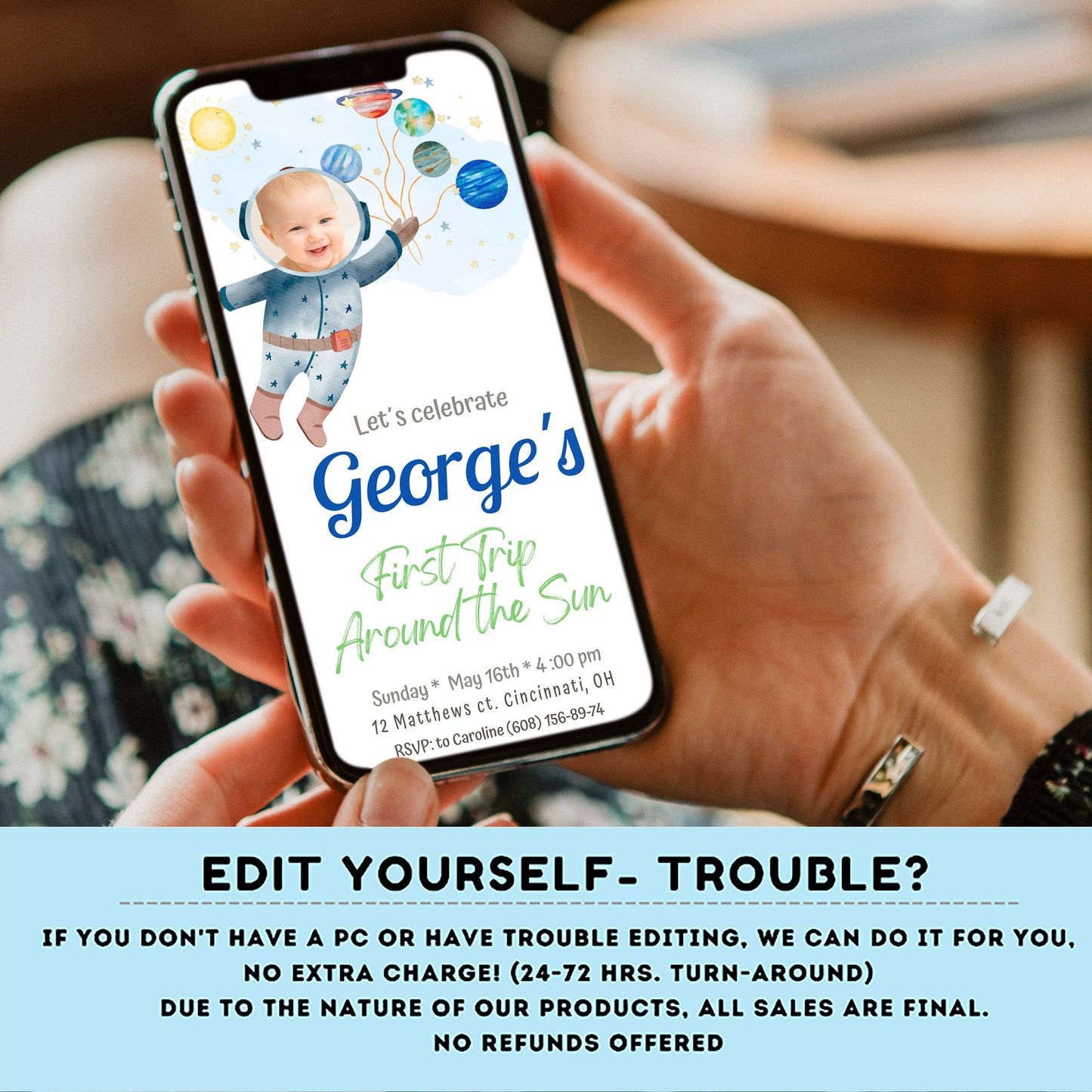 Editable Outer Space First Birthday Photo Evite | First Trip Around the Sun Space Boy | Invitation for iPhone, Smartphone Template #K5