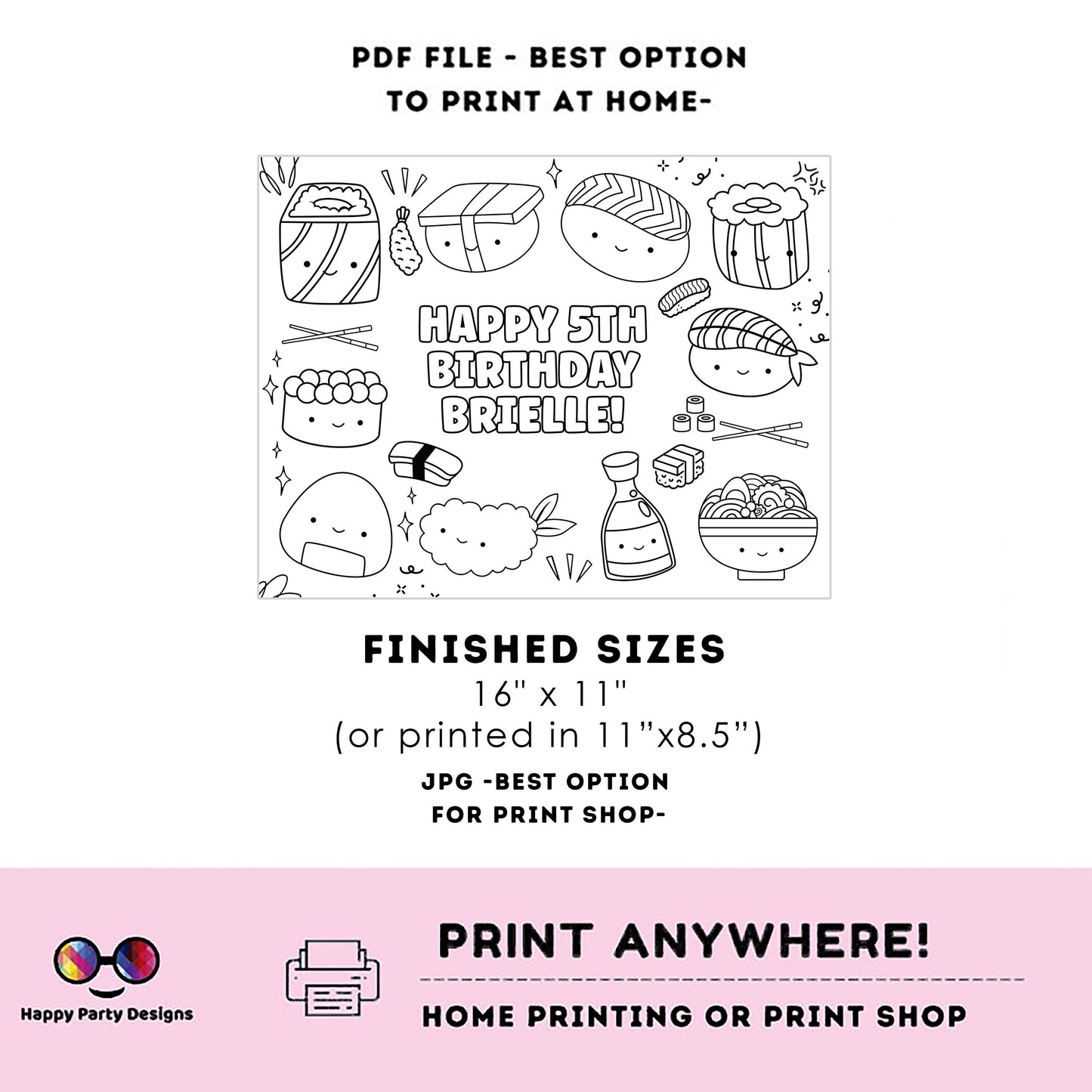 Editable Sushi coloring page | Placemat coloring page | Any Age | Cute Sushi birthday | Cute Sushi Party Activity | #K91