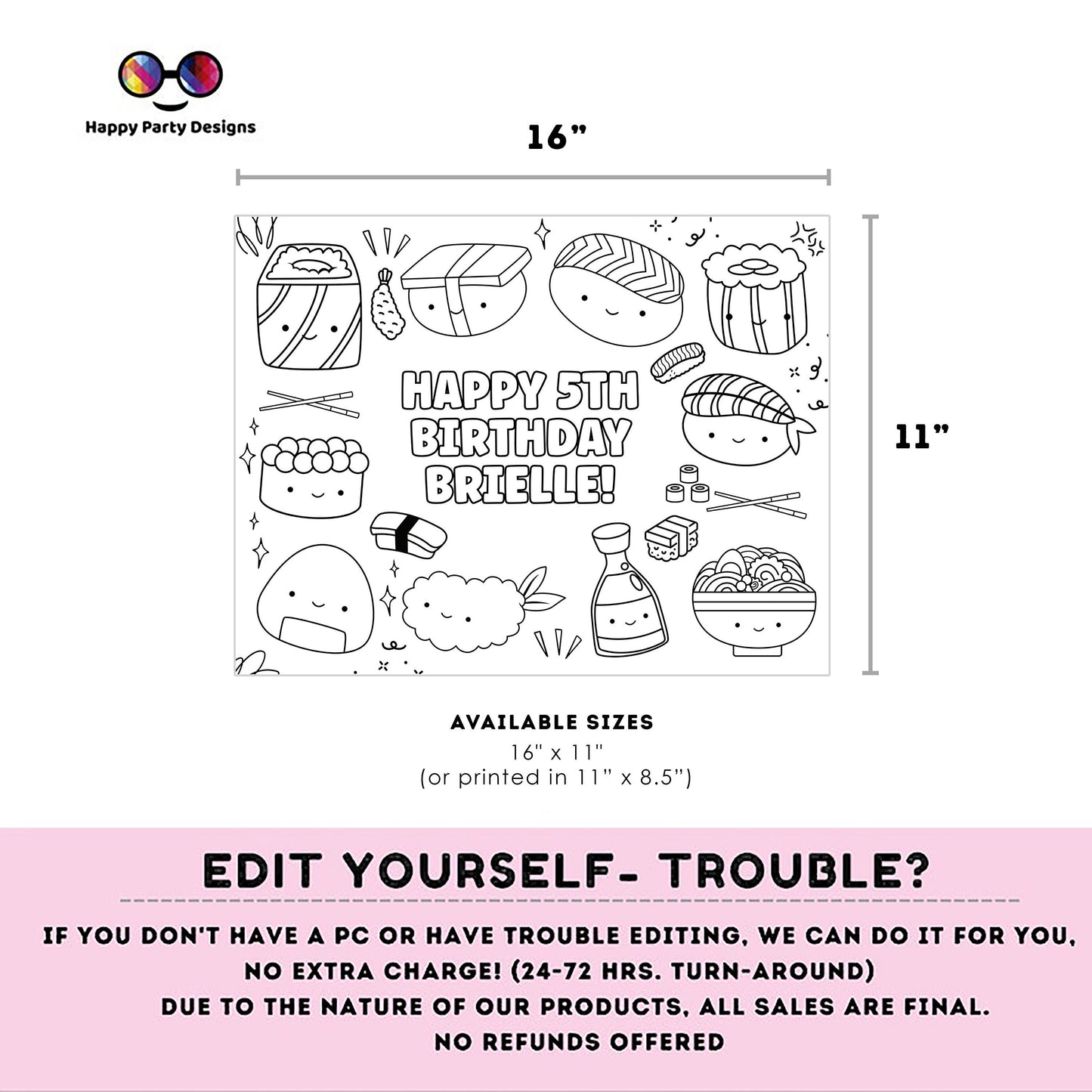 Editable Sushi coloring page | Placemat coloring page | Any Age | Cute Sushi birthday | Cute Sushi Party Activity | #K91