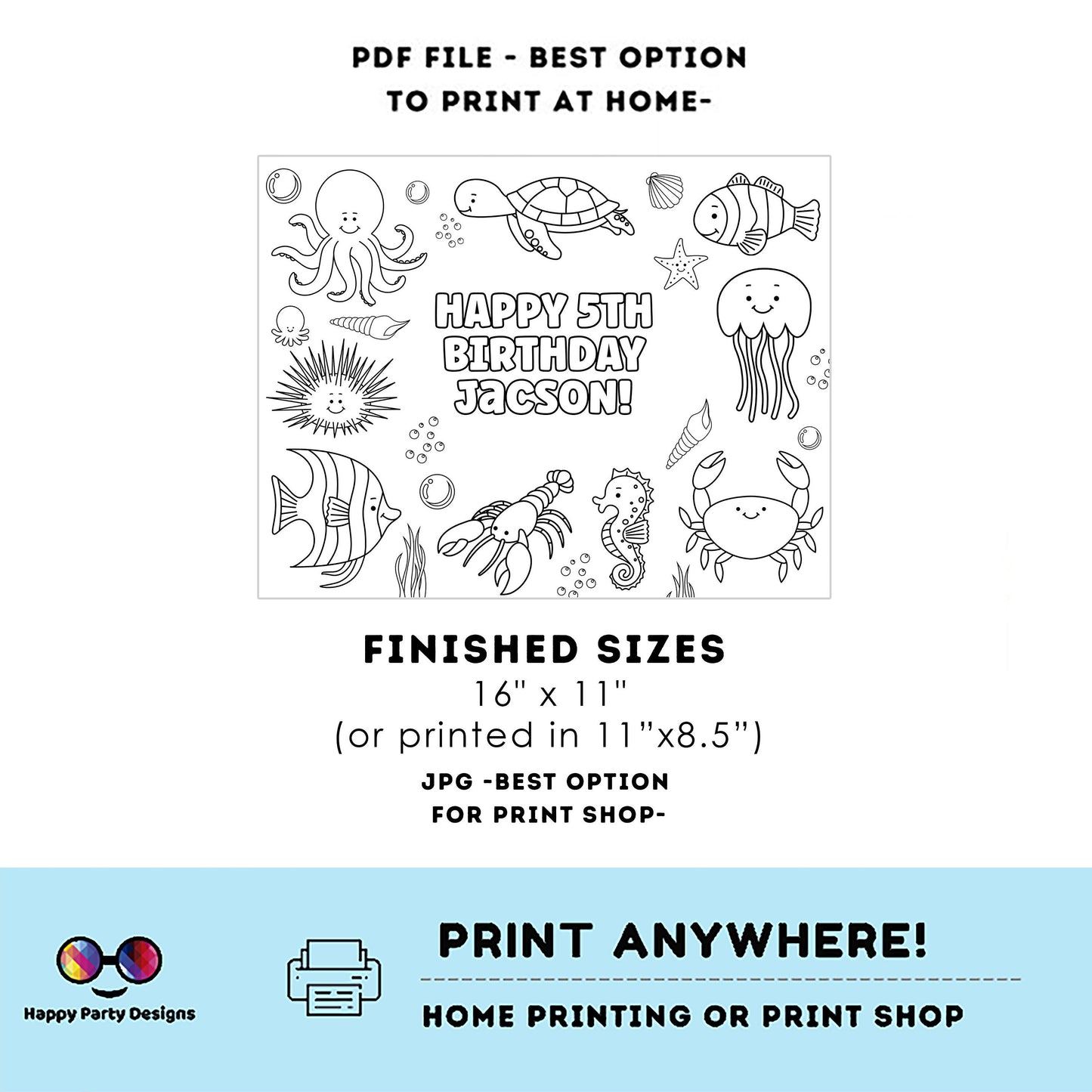 Editable Under the Sea coloring page | Placemat coloring page | Any Age | Under the Sea birthday | Under the Sea Party Activity #K93