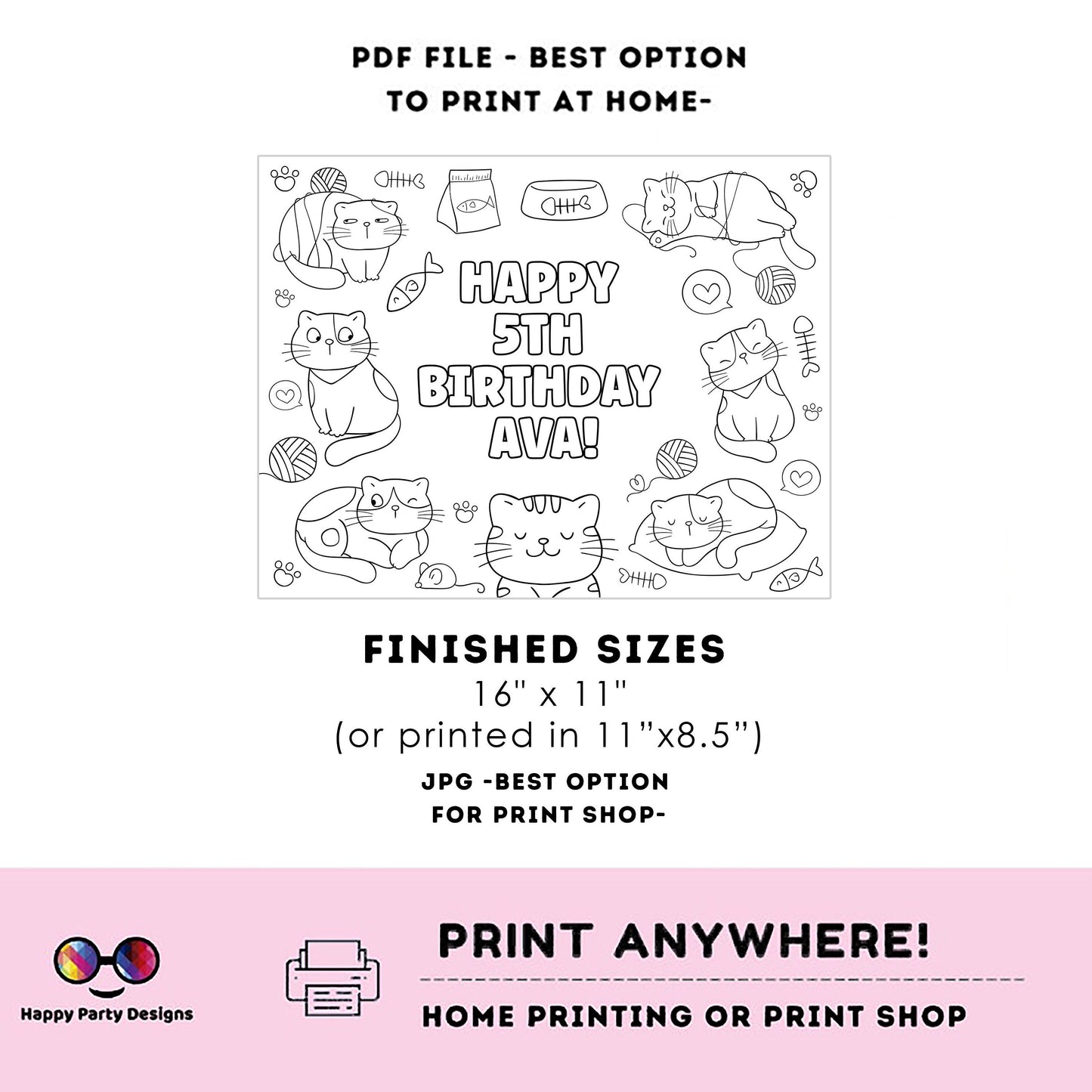 Editable Cute Funny Cats coloring page | Placemat coloring page | Any Age | kittens birthday | Playful Cats Party Activity #K114