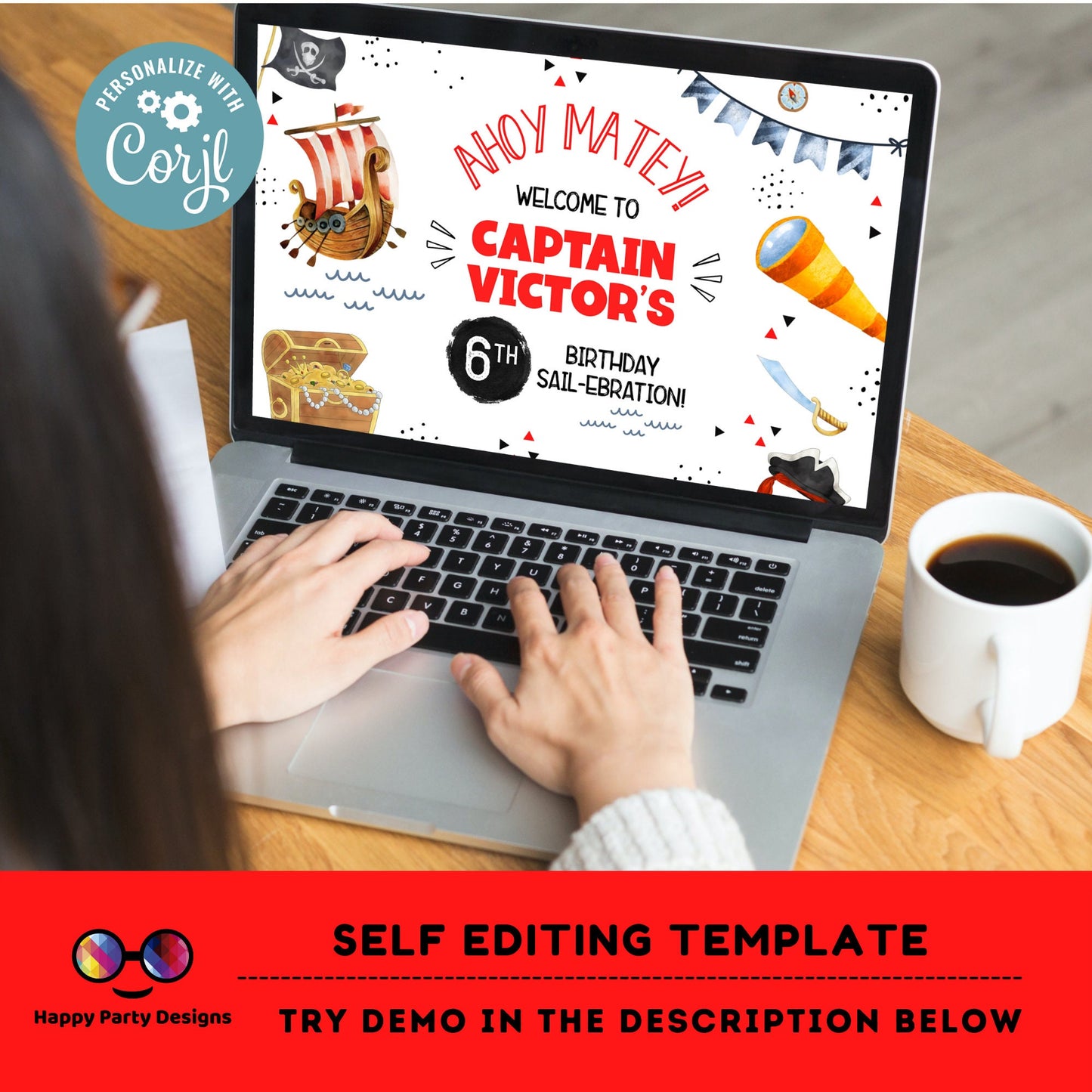 Editable Pirate party placemat | Digital Pirates Party printable placemat | Ahoy party placemat Personalize Online #K89