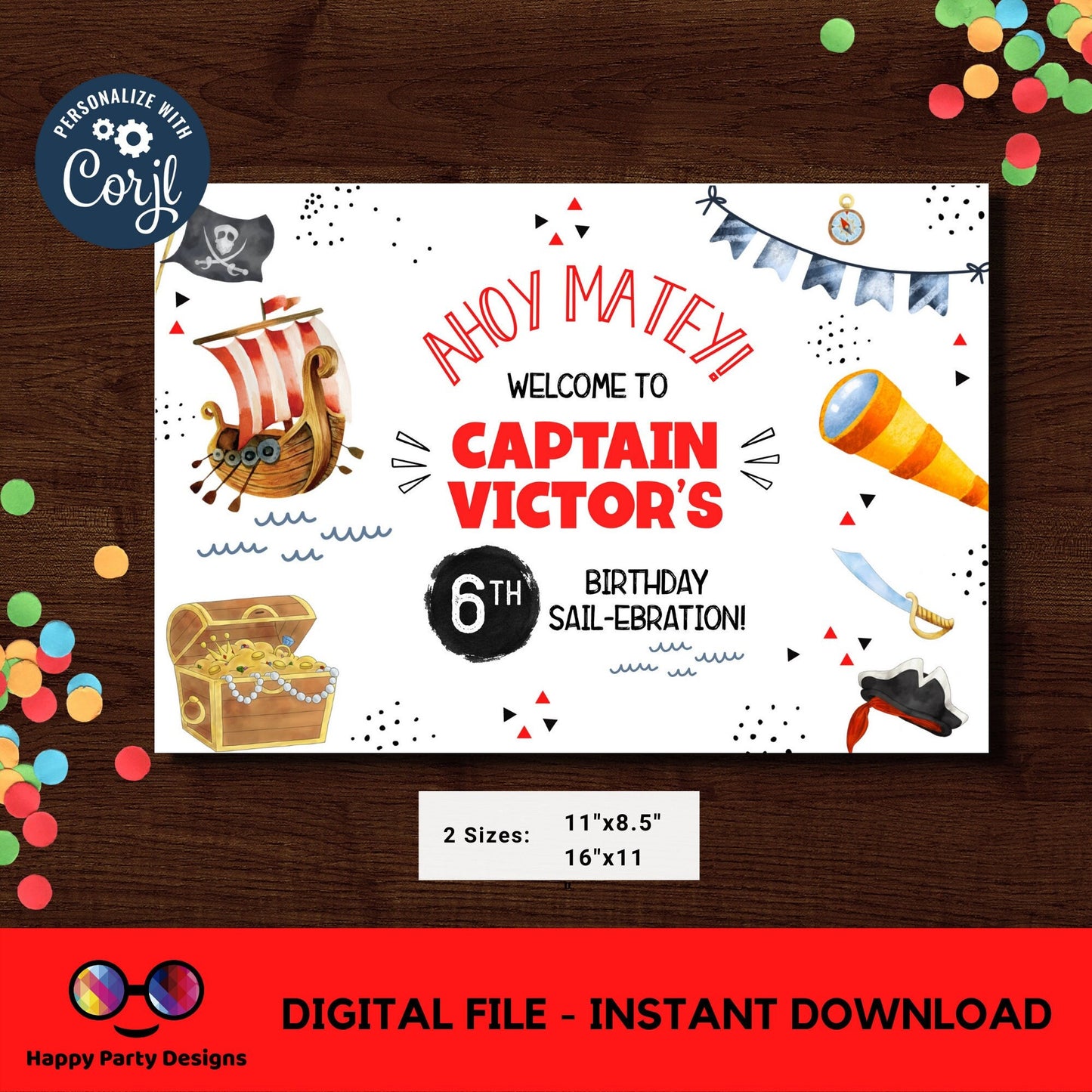 Editable Pirate party placemat | Digital Pirates Party printable placemat | Ahoy party placemat Personalize Online #K89