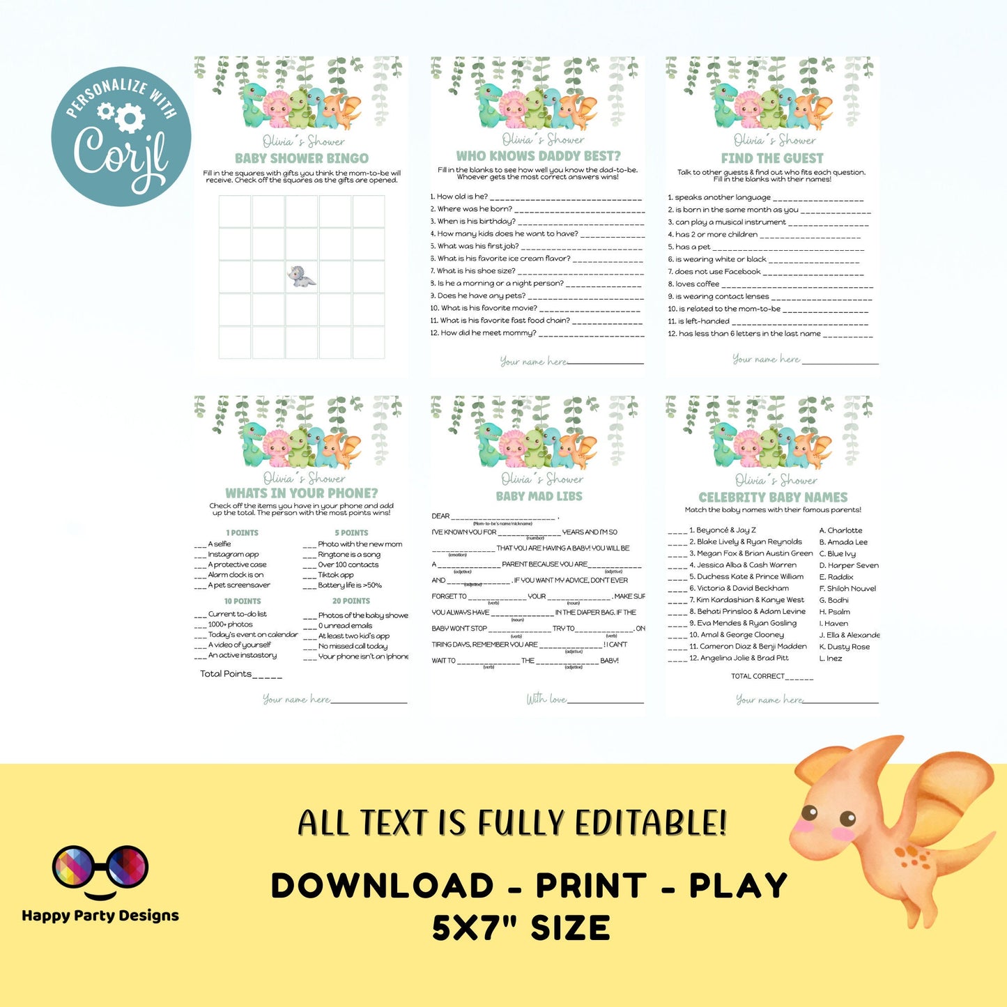 Editable dinosaur games bundle | Dino baby shower games | Baby boy | neutral gender shower | dinosaur baby shower games #B15