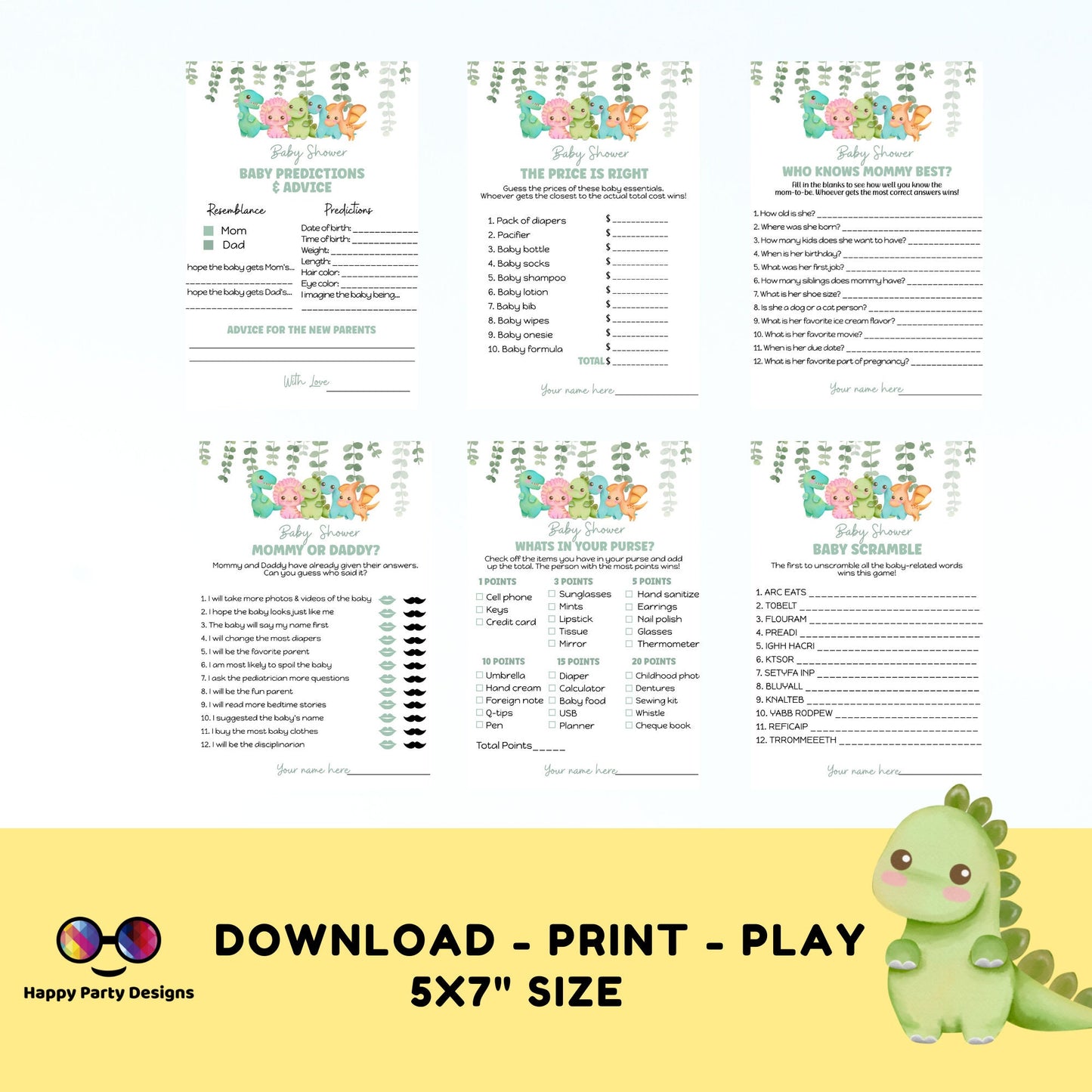 Instant dinosaur games bundle | Dino baby shower games | Baby boy | neutral gender shower | dinosaur baby shower games #B15