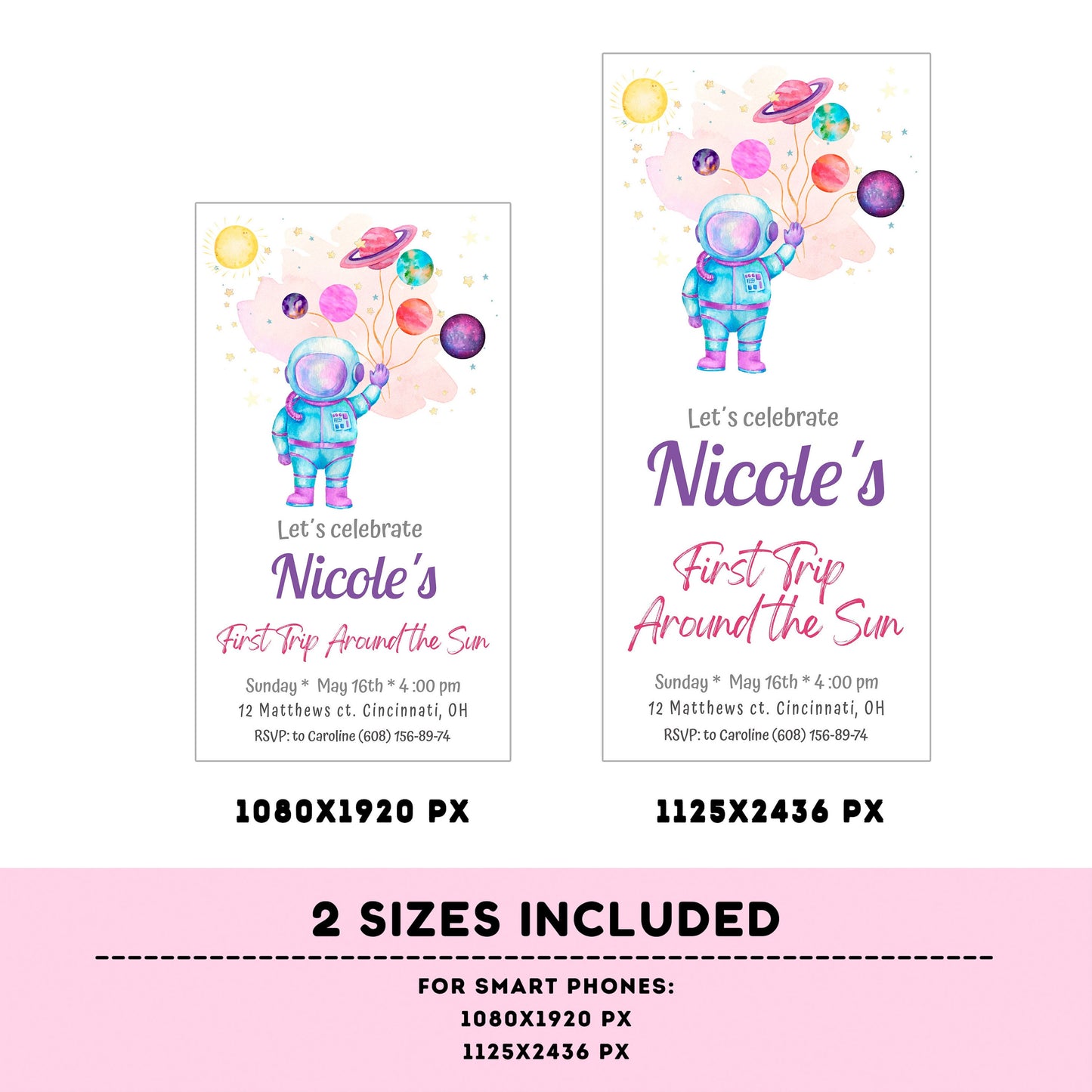 Editable Outer Space First Birthday Evite | First Trip Around the Sun Space Girl | Editable Invitation for iPhone, Smartphone Template #K57