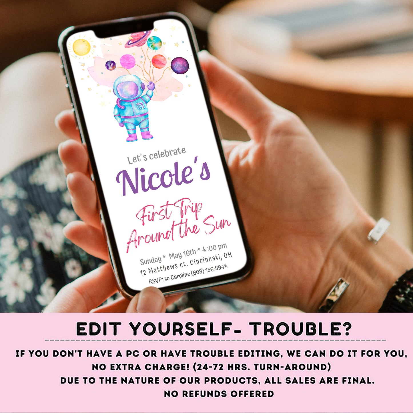 Editable Outer Space First Birthday Evite | First Trip Around the Sun Space Girl | Editable Invitation for iPhone, Smartphone Template #K57