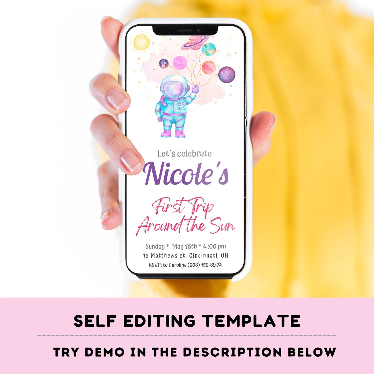 Editable Outer Space First Birthday Evite | First Trip Around the Sun Space Girl | Editable Invitation for iPhone, Smartphone Template #K57