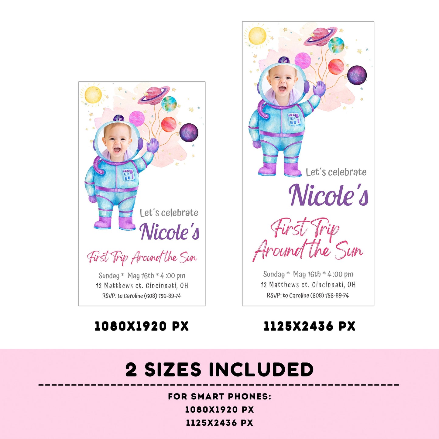 Editable Outer Space First Birthday Photo Evite | First Trip Around the Sun Space Girl | Invitation for iPhone, Smartphone Template #K57
