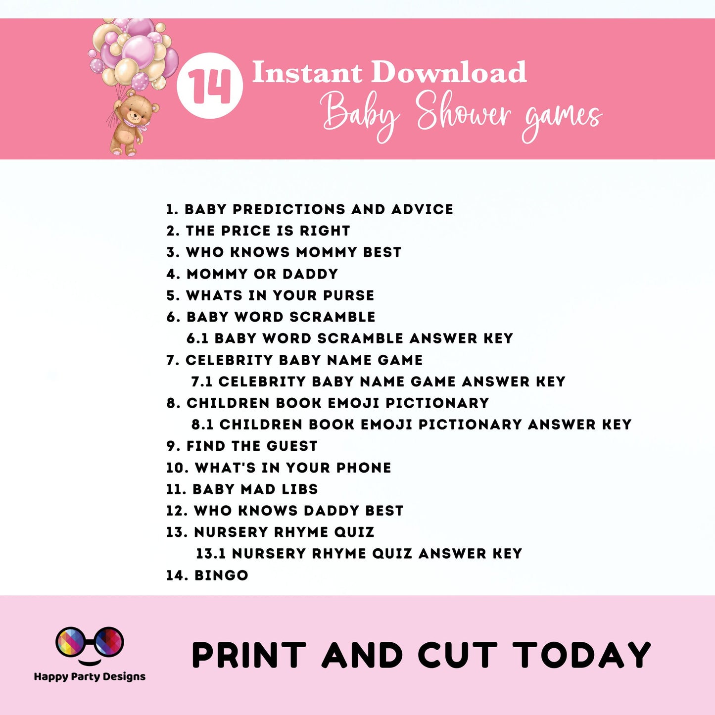 Instant teddy bear baby games bundle | baby shower games | Baby girl | pink baby shower | bear and balloons baby shower games #B21