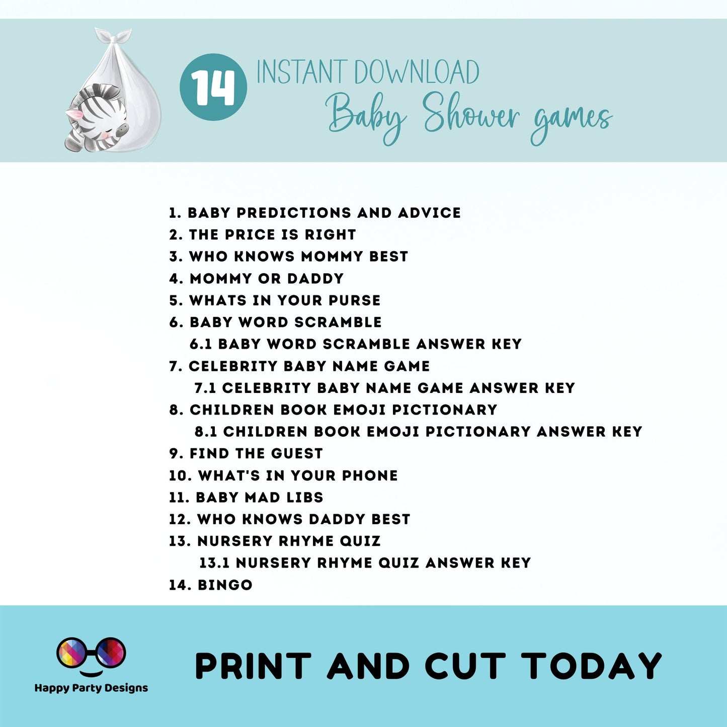Instant baby zebra games bundle | baby shower games | Baby boy | blue baby shower | zebra baby shower games #B23