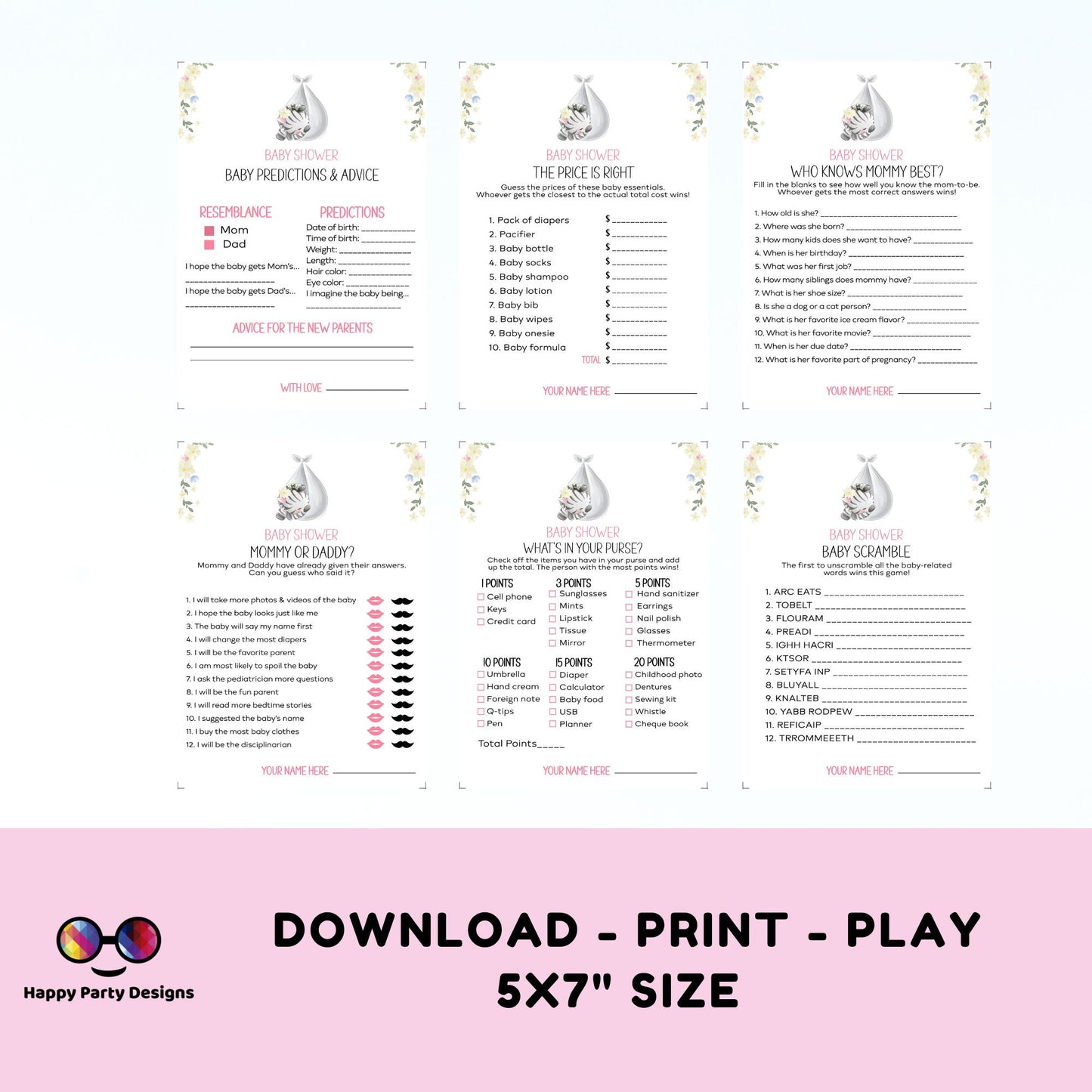 Instant baby zebra games bundle | baby shower games | Baby girl | pink baby shower | zebra baby shower games #B24