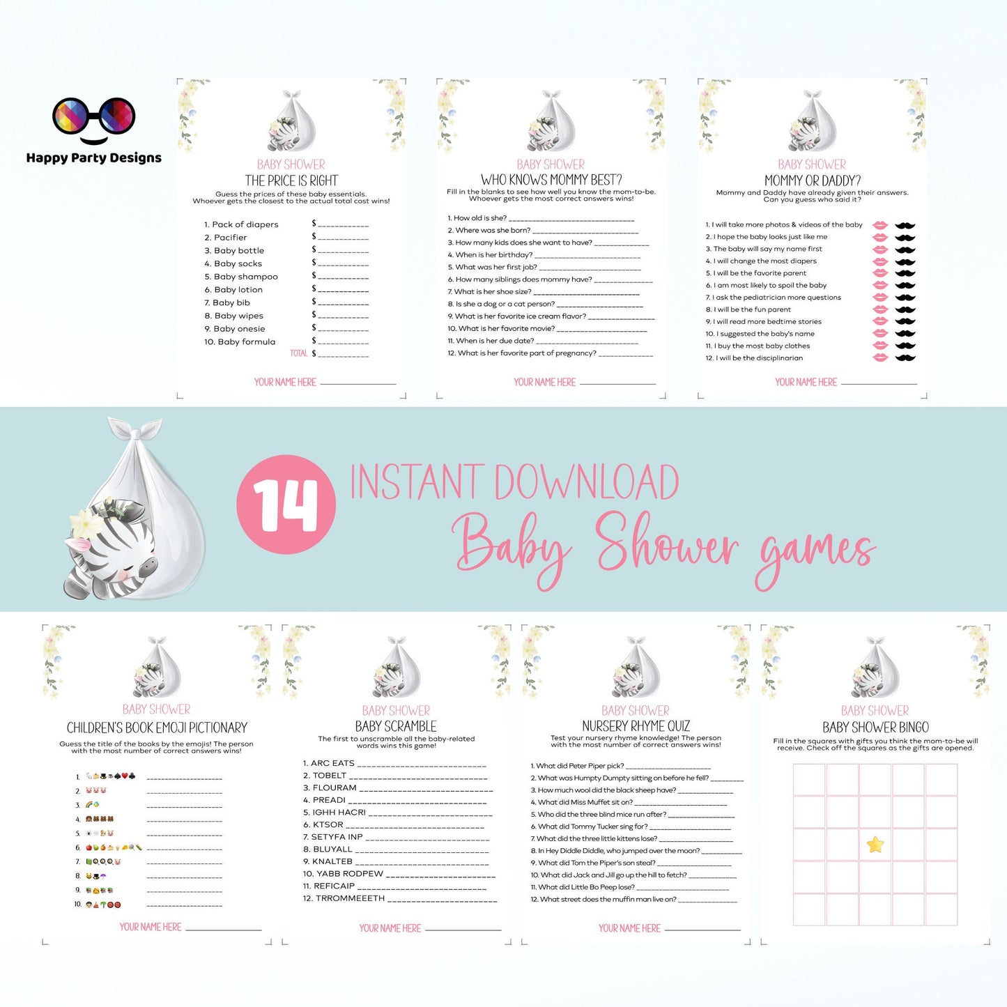 Instant baby zebra games bundle | baby shower games | Baby girl | pink baby shower | zebra baby shower games #B24