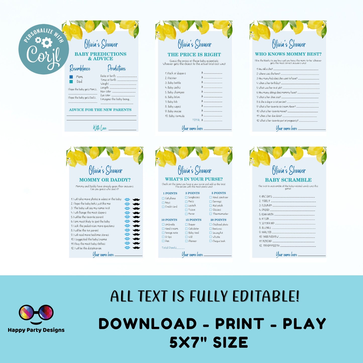 EDITABLE lemons Baby shower games bundle | Lemons baby shower | summer baby shower | Editable Baby Party Games | A little lemon #B9