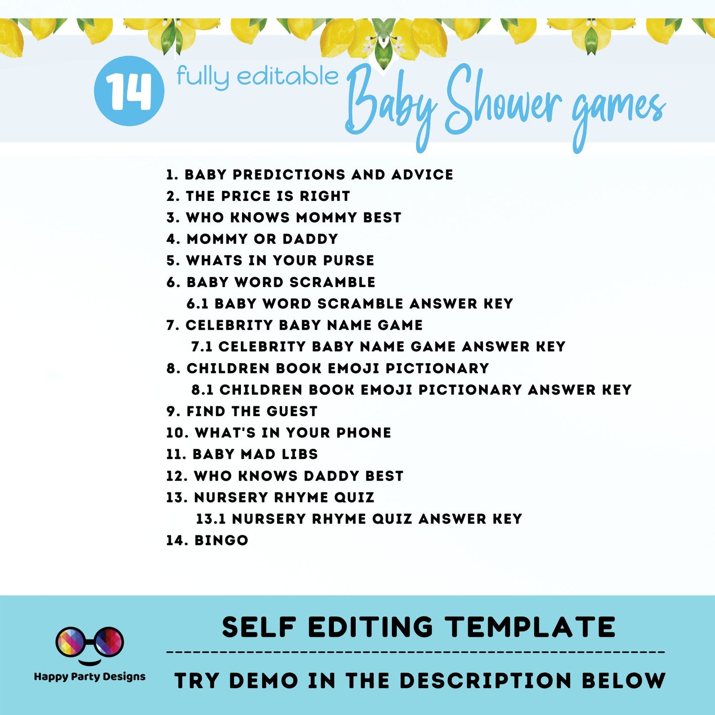 EDITABLE lemons Baby shower games bundle | Lemons baby shower | summer baby shower | Editable Baby Party Games | A little lemon #B9