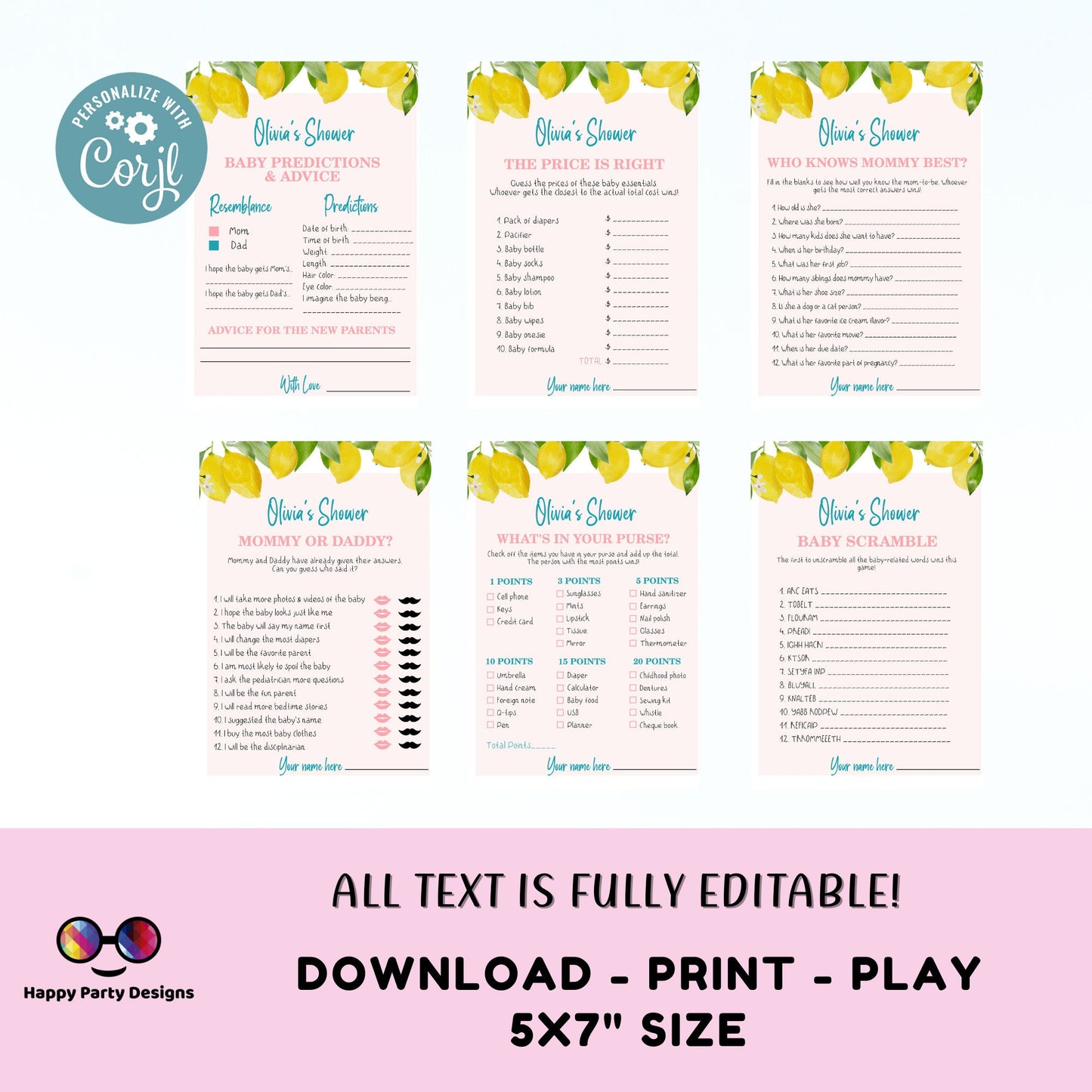 EDITABLE lemons Baby shower games bundle | Lemons baby shower | summer baby shower | Editable Baby Party Games | A little lemon | girl #B8
