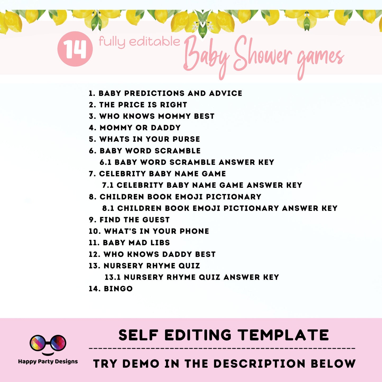 EDITABLE lemons Baby shower games bundle | Lemons baby shower | summer baby shower | Editable Baby Party Games | A little lemon | girl #B8