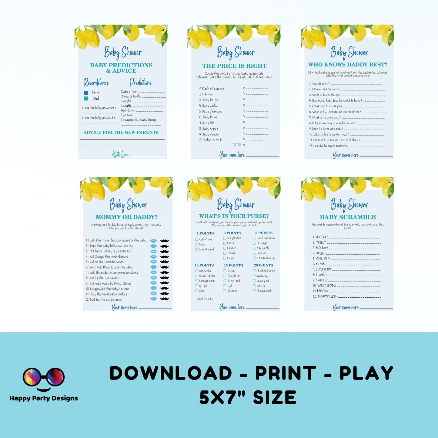 Instant lemons games bundle | lemon baby shower games | Baby boy | summer baby shower | lemons baby shower games | summer games #B9
