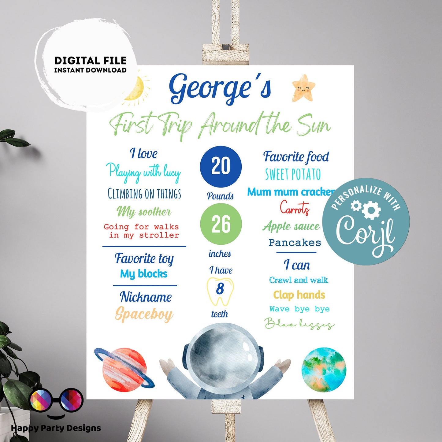 Editable milestone First Trip Around the Sun party Sign | Outer Space party birthday | Astronaut Decoration | birthday Printable poster #K5