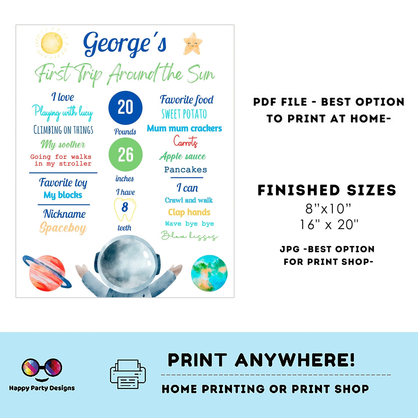 Editable milestone First Trip Around the Sun party Sign | Outer Space party birthday | Astronaut Decoration | birthday Printable poster #K5