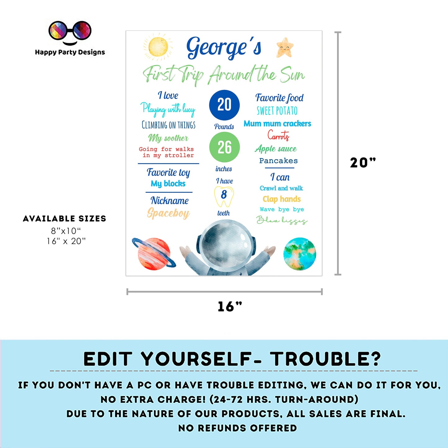 Editable milestone First Trip Around the Sun party Sign | Outer Space party birthday | Astronaut Decoration | birthday Printable poster #K5