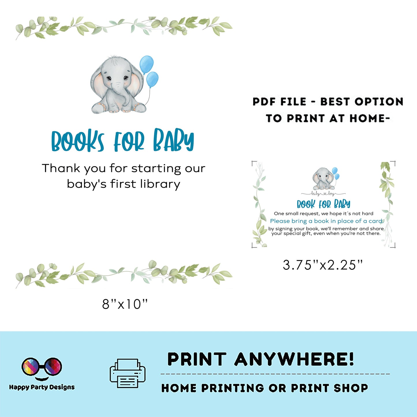 Elephant Books for baby Sign | Instant download | book request | baby boy| baby shower Sign | elephant baby shower | blue #B18