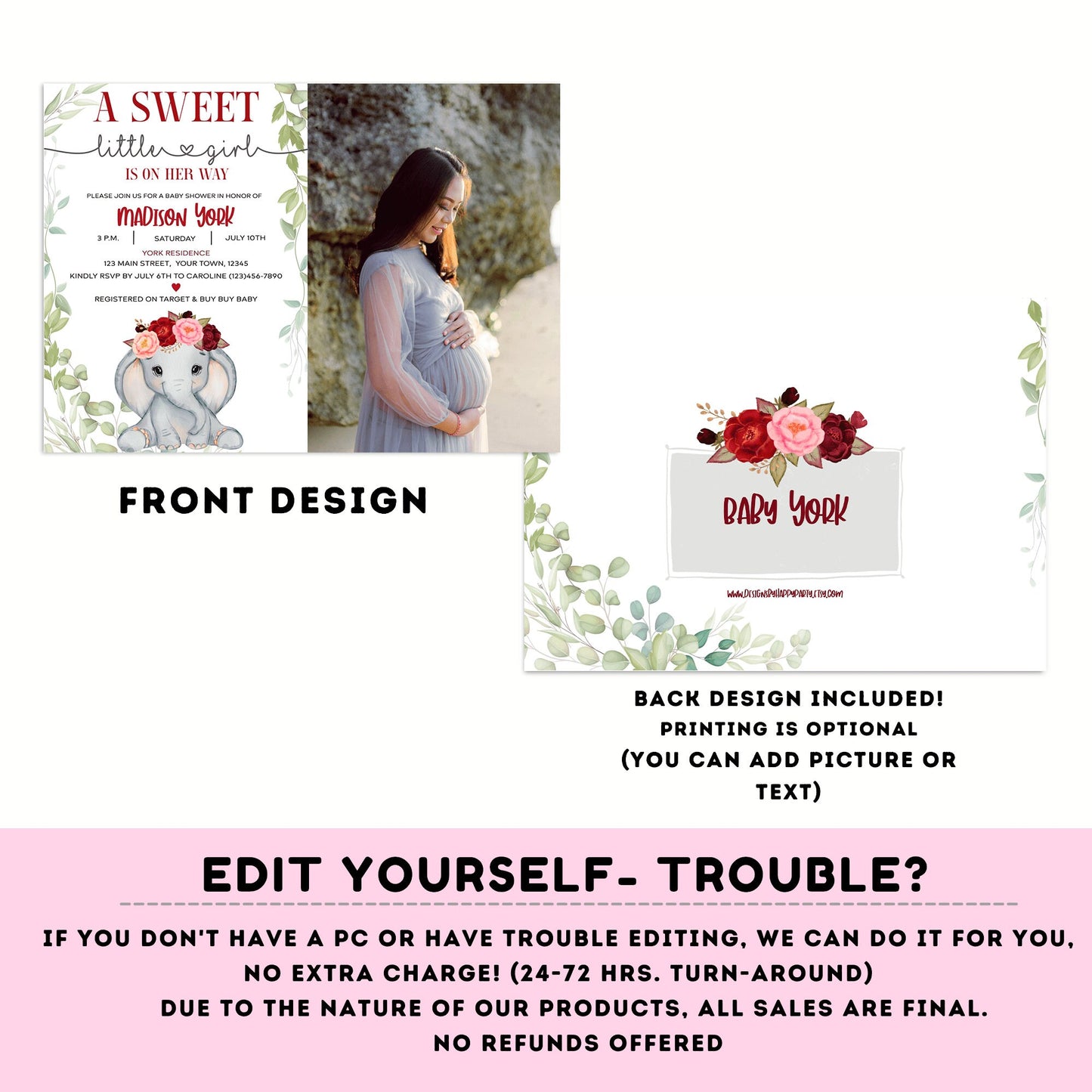 Elephant Baby Shower Invitations for Girls with photo | Sweet baby girl | burgundy | Cute elephant | Edit Yourself & Instant Download #B14