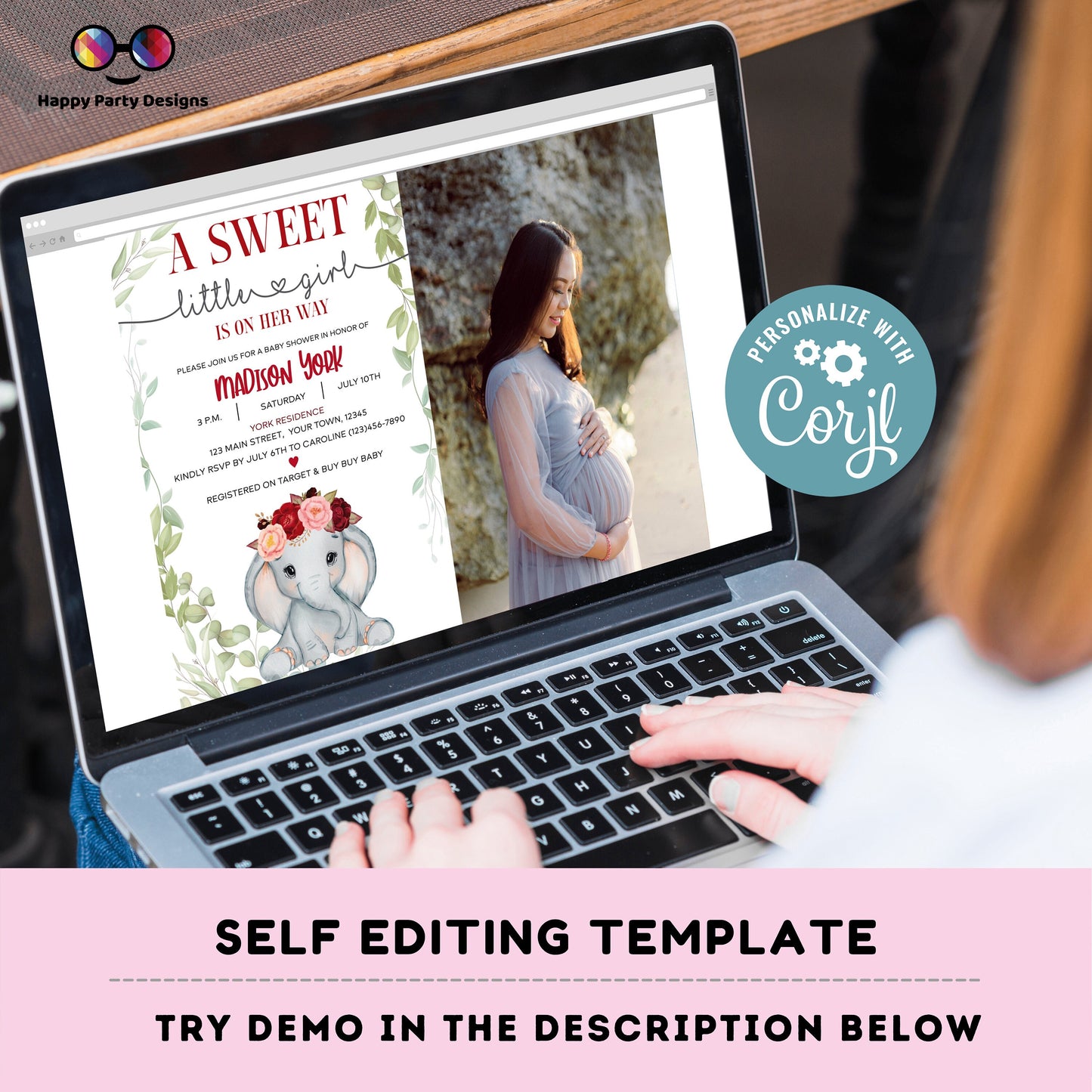 Elephant Baby Shower Invitations for Girls with photo | Sweet baby girl | burgundy | Cute elephant | Edit Yourself & Instant Download #B14