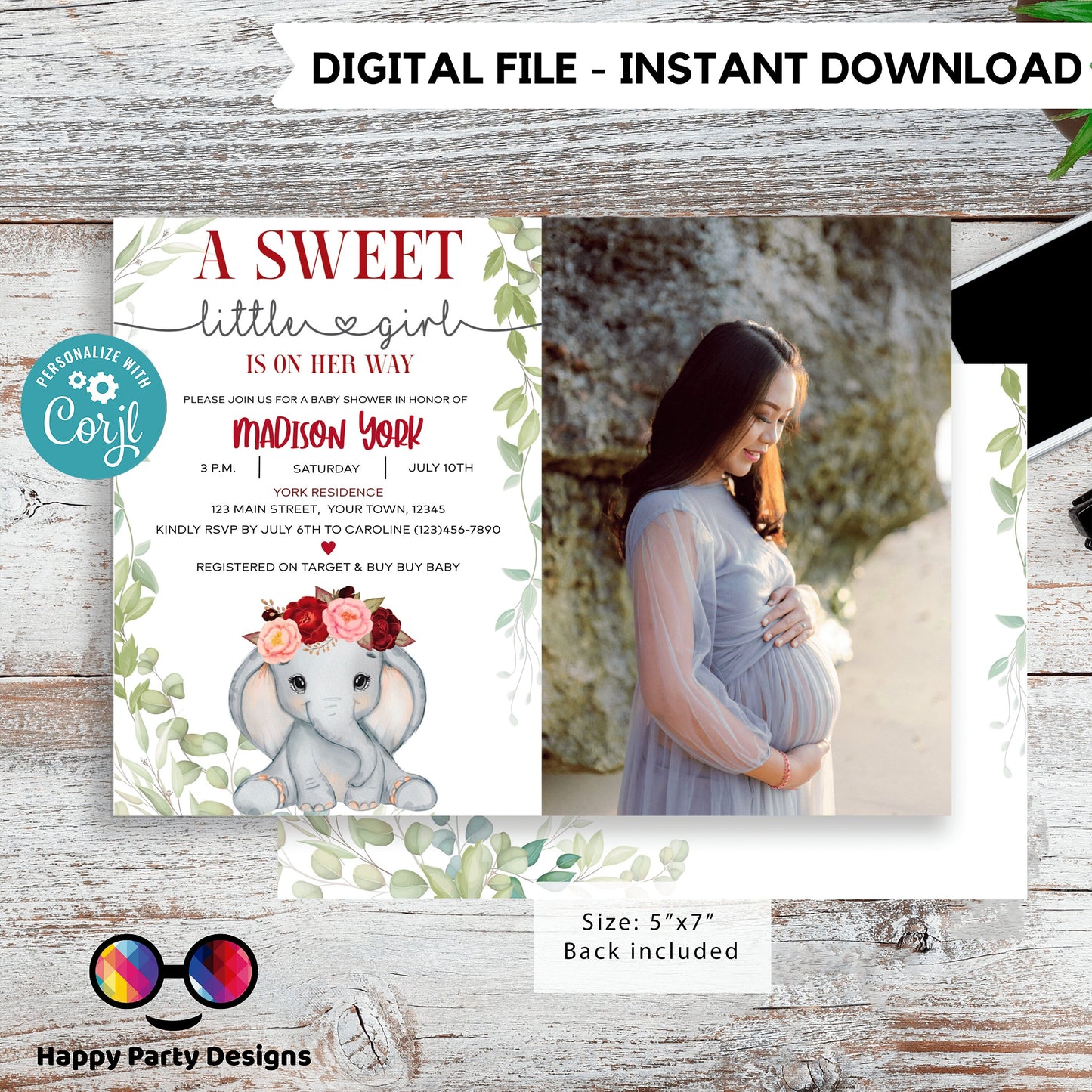 Elephant Baby Shower Invitations for Girls with photo | Sweet baby girl | burgundy | Cute elephant | Edit Yourself & Instant Download #B14