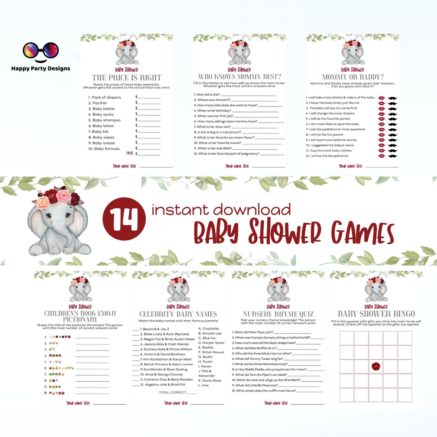 Instant baby elephant games bundle | baby shower games | Baby girl | burgundy baby shower | elephant baby shower games #B14