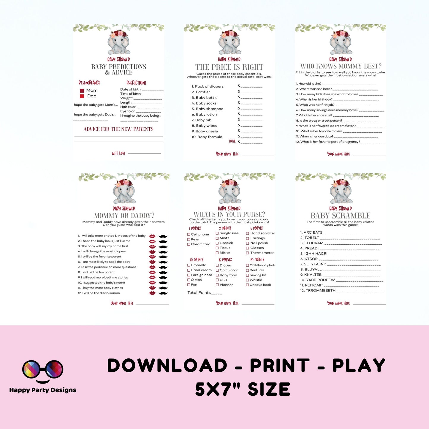 Instant baby elephant games bundle | baby shower games | Baby girl | burgundy baby shower | elephant baby shower games #B14