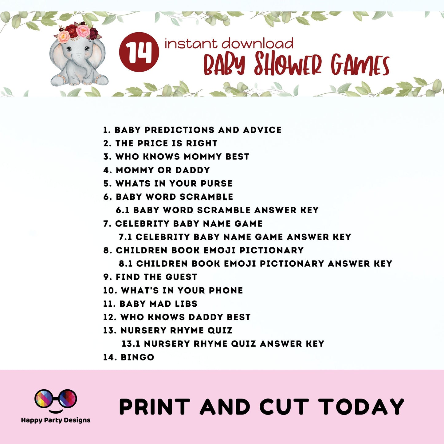 Instant baby elephant games bundle | baby shower games | Baby girl | burgundy baby shower | elephant baby shower games #B14