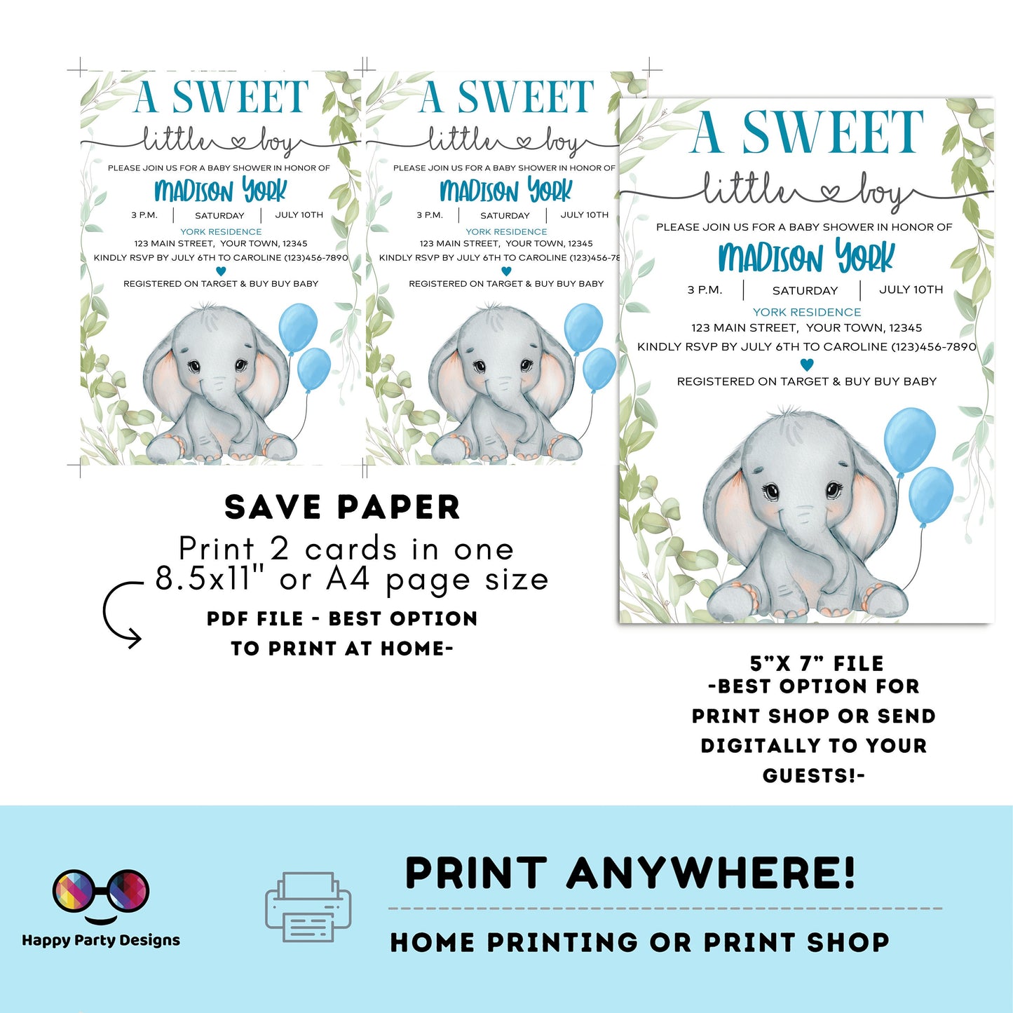 Elephant Baby Shower Invitations for boy | Sweet baby boy | blue | Cute elephant | Edit Yourself & Instant Download #B18